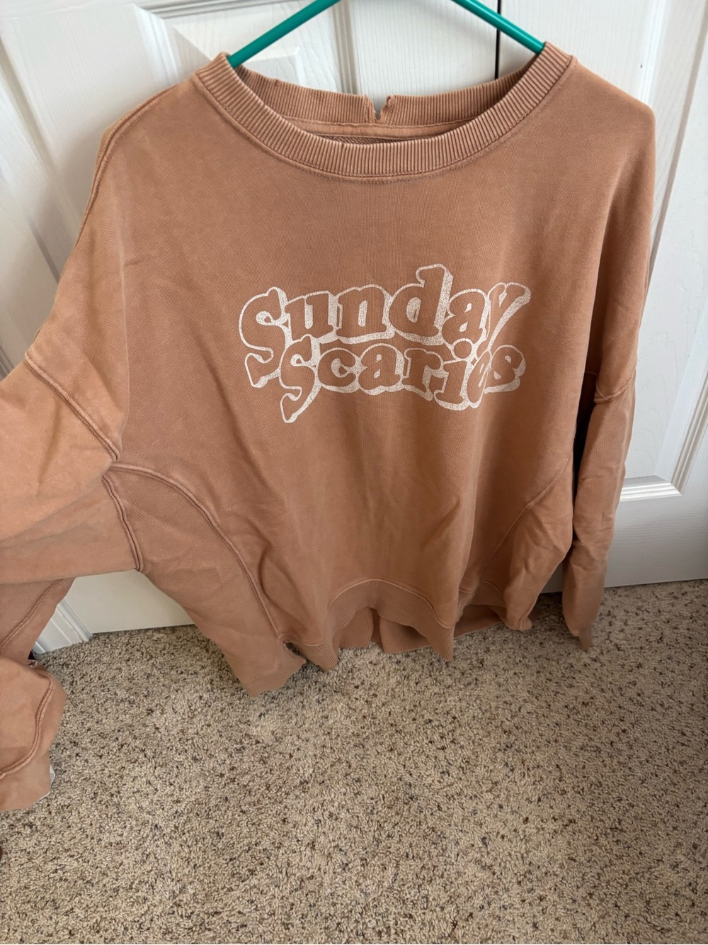 aerie Sunday Scaries Crewneck Sweater - Tan with White Graphic